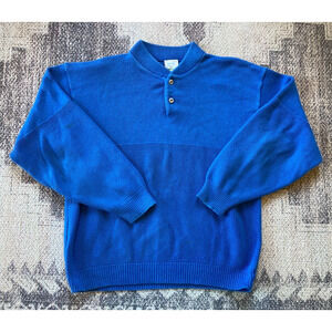VTG‎ Men's EASTWIND by Alps Sz Large Blue Sweater Long Sleeve Button Mock Neck